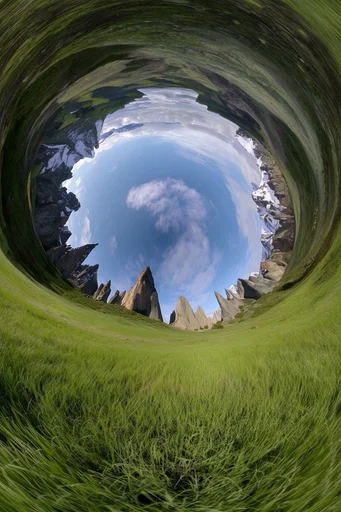Spherical Miniature Worlds style reference image — tiny planet effect