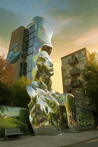 Surreal Chrome Pastoralism style reference image — 3d render