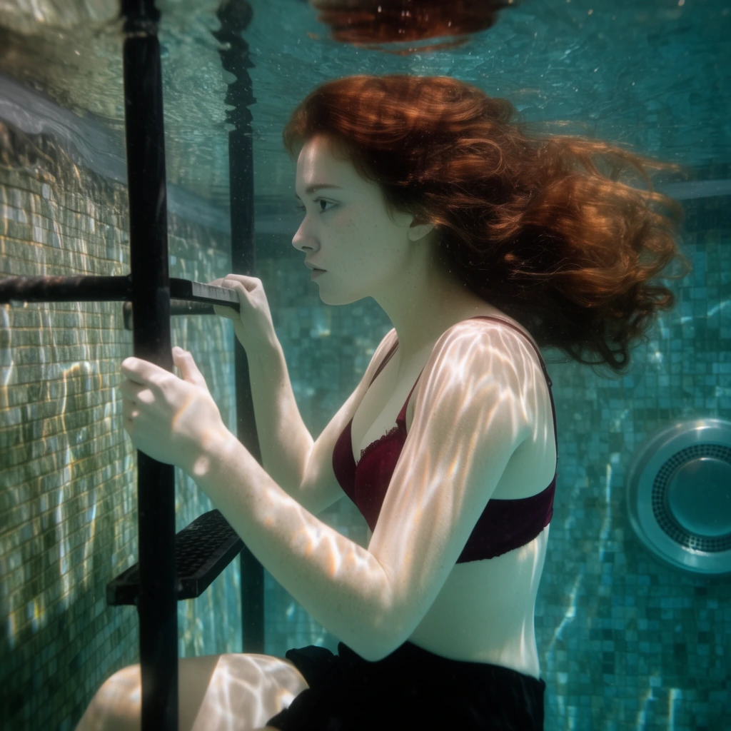 A young woman with floating wavy auburn hair sits underwater, gripping a black metal pool ladder. She wears a burgundy bra and dark bottoms. Rippling caustic light patterns illuminate her pale skin and the greenish-blue mosaic tiles of the pool walls. A circular metal drain sits on the right in the murky teal water, captured in cinematic underwater photography.
