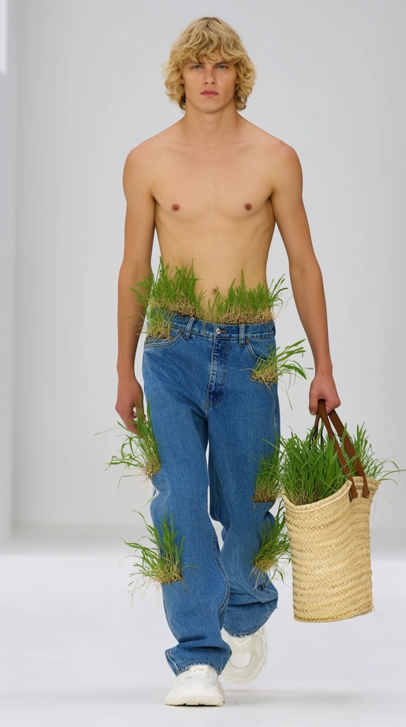 Shirtless man with wavy blonde hair, blue jeans sprouting live green grass, woven straw tote bag, chunky white sneakers, plain white background, fashion runway photography