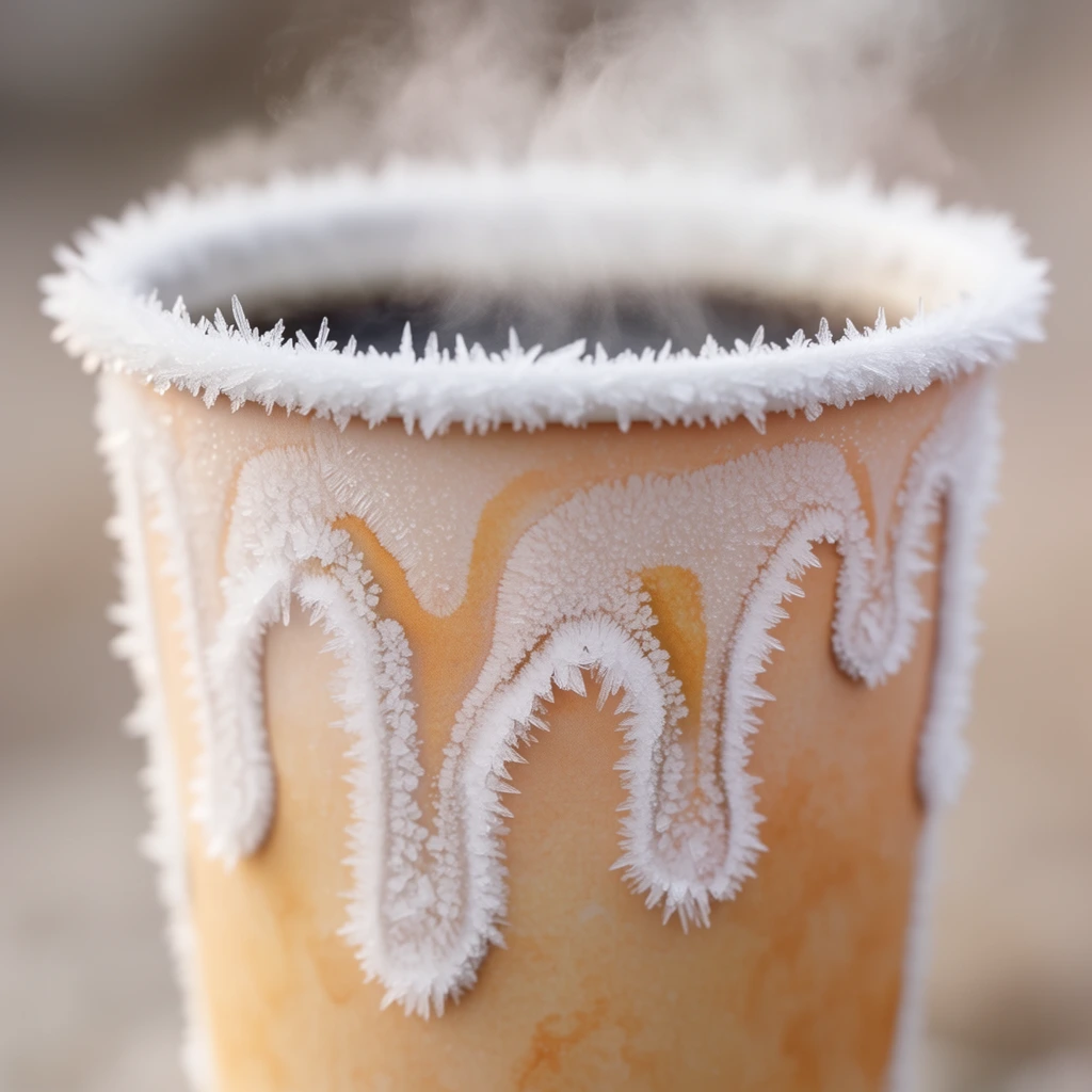 Extreme macro photography of a pale-orange paper cup filled with dark liquid, featuring abstract drip patterns heavily encrusted with thick, spiky white ice crystals, as soft steam rises from the top. The cup features a matte, muted ochre and warm tan surface with a subtle, organic texture, creating a stark visual contrast against the pristine white hoarfrost that aggressively outlines every edge, rim, and cascading drip contour. Sharp, needle-like rime ice formations entirely cover the abstract, raised drip patterns cascading down the cup's exterior. Inside the sharply frosted lip, a stark pool of dark liquid sits beneath a rising plume of delicate, diffused steam. The perspective utilizes an extreme close-up with a macro lens and a remarkably shallow depth of field, locking absolute focus on the intricate crystalline ice structures while rendering the immediate foreground elements out of focus. The environment surrounding the cup dissolves into a smooth, creamy beige and warm-gray bokeh, bathed in soft, diffused, overcast lighting that highlights the hyper-detailed, frozen textures and the ethereal, warm-toned monochromatic color palette.