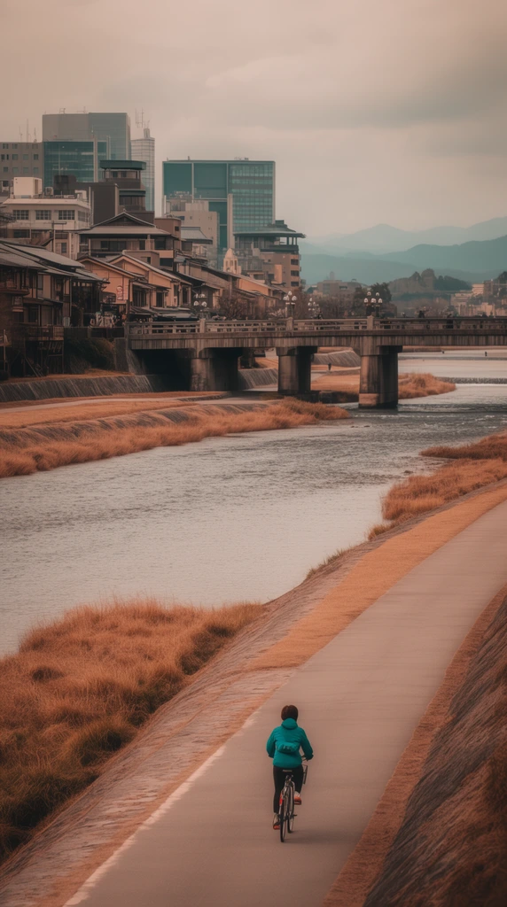 cyclist riding away on paved riverside path, teal jacket, wide flowing river, dry brown grass banks, concrete bridge, distant cityscape blending modern and traditional architecture, hazy mountains, overcast sky, cinematic landscape photography, muted warm color grading