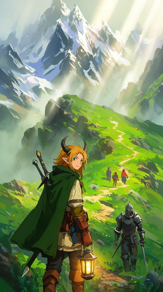 horned adventurer in green cloak carrying a glowing lantern looking back, armored knight, distant figures hiking a vibrant grassy mountain trail, towering snowy peaks, misty sunbeams, painterly anime style