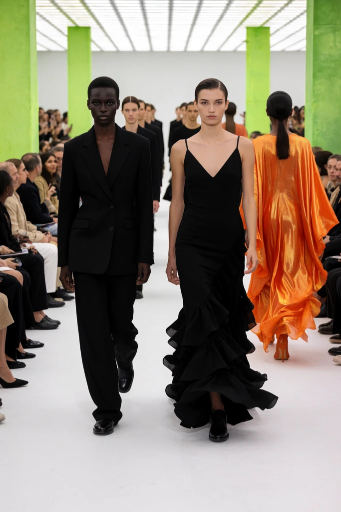 Runway models walk a white floor flanked by a seated audience. Foreground figures wear stark black garments including a tailored blazer and a ruffled floor-length gown. A model in flowing metallic orange contrasts against vivid neon green pillars and bright overhead grid lighting.