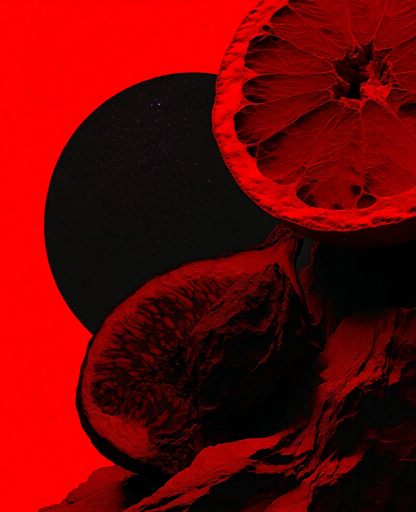 stark duotone in vibrant blood red and obsidian black, macro cross-sections of a sliced fig, a craggy peach pit, and a grapefruit, textures rendered with gritty lithographic noise and deep high-contrast shadows, a perfectly geometric circle containing a dense starry field overlaps the organic forms, flat saturated red background, surrealist collage aesthetic, high-grain film texture, hard directional chiaroscuro, minimalist avant-garde graphic design, sharp topographical edges.