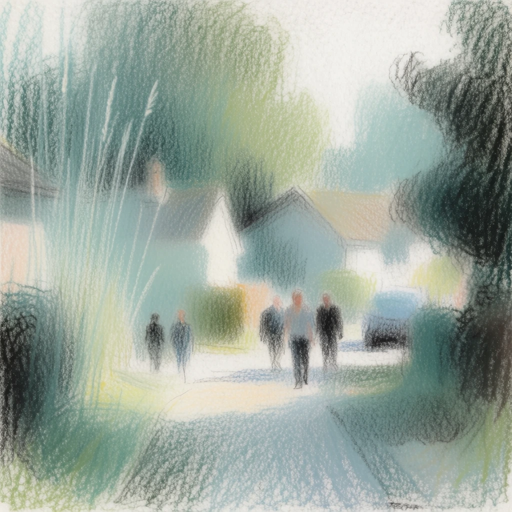 an impressionistic scene of a winding suburban path with indistinct figures walking past soft-edged houses and grainy trees, rendered in a hazy colored pencil and wax pastel medium, heavy tactile paper tooth, visible scratchy pencil strokes, desaturated palette of pale teals and muted greens, diffused high-key light, ethereal vertical rain streaks creating a shimmering veil, soft-focus bloom, nostalgic atmosphere, low contrast, vibrating texture of overlapping chalk and pencil