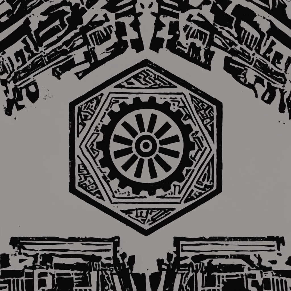 A monochromatic graphic illustration featuring a central hexagonal emblem that depicts a stylized industrial gear with thick radial spokes. Concentric angular bands surround the gear, filled with intricate abstract geometric marks. Above and below this central seal, dense clusters of bold, jagged graphic shapes form expansive architectural arches and structured horizontal alignments. Rendered entirely in stark black ink against a flat, muted grey background, the composition exhibits the high-contrast, slightly distressed and uneven textural qualities characteristic of a traditional linocut or heavy rubber stamp impression.