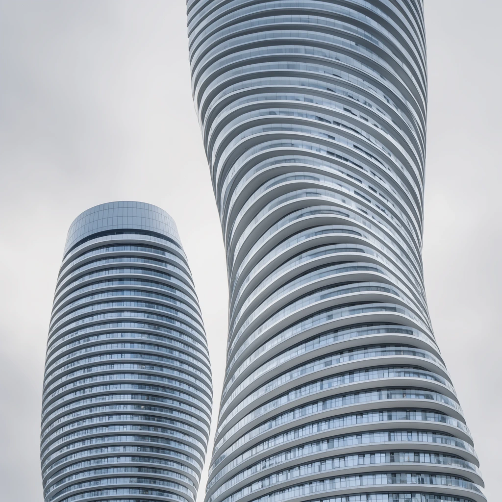 Two twisting skyscrapers soar against a flat overcast sky in this low-angle architectural photograph. The prominent right tower features a dramatic, organic hourglass curve, alongside a shorter left tower with a smooth, cylindrical taper. Both structures are wrapped in continuous horizontal bands of white balconies and reflective blue-grey glass, creating a rhythmic, ribbed texture across their undulating facades. Soft, diffused natural light emphasizes the sleek, futuristic cool grey and silver color palette.