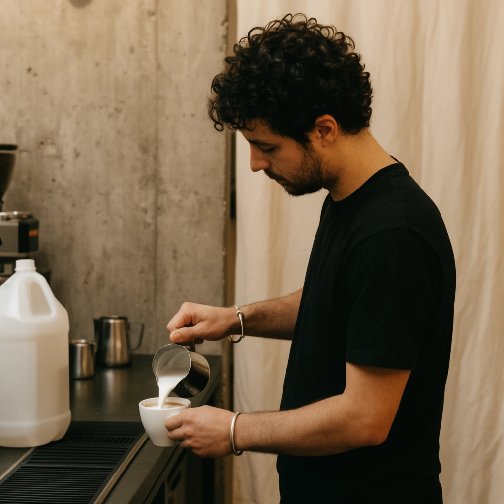 side profile of a man pouring steamed milk into a white ceramic cup from a stainless steel pitcher, dark curly hair, short beard, plain black t-shirt, silver bracelet, minimalist industrial coffee station, dark matte countertop, black slatted drip tray, opaque white plastic jug, raw concrete wall, draped off-white fabric backdrop, warm ambient lighting, earthy muted color palette, medium shot, shallow depth of field