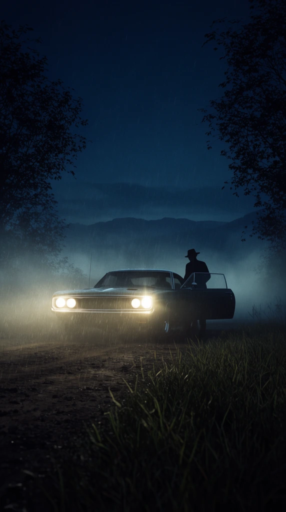vintage muscle car with bright headlights on a dark dirt road, heavy rain and mist, silhouetted figure in a hat by the open door, foreground grass, framing trees, distant mountains, dark blue night sky, cinematic neo-noir lighting
