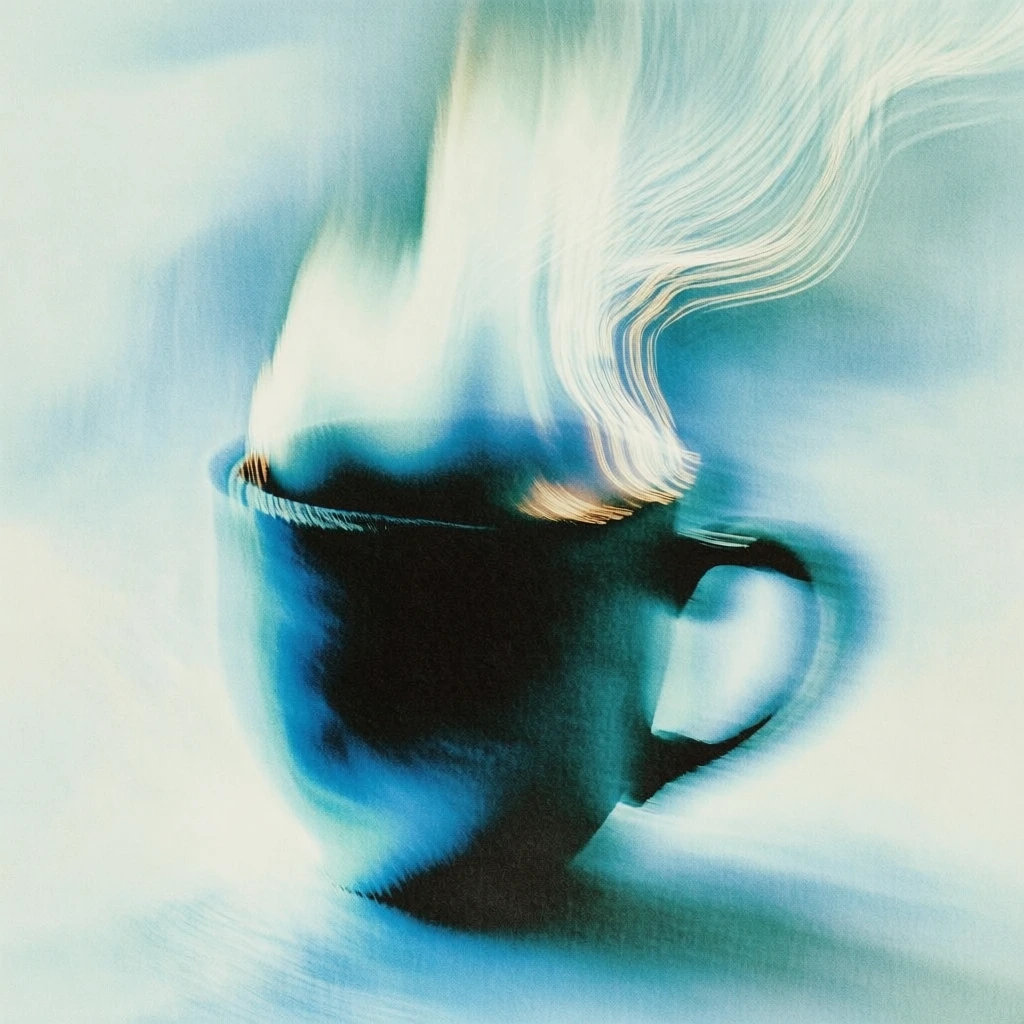 ethereal ceramic mug silhouette, deep black core, glowing cyan edges, vibrant flame with warm highlights rising into long-exposure motion streaks, soft focus atmospheric blur, painterly grainy texture, light blue and white diffused background, dynamic upward fluid motion, backlit ethereal aura, minimalist composition, heavy smearing effects, high contrast between dark subject and radiant light trails, cinematic hazy aesthetic, digital noise, soft wispy light details, ephemeral mood