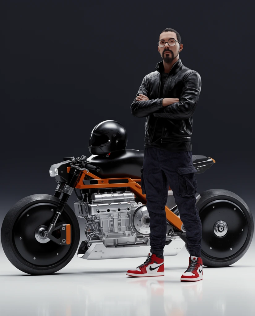 man standing with arms crossed, black leather jacket, dark cargo pants, red and white high-top sneakers, goatee, round glasses, futuristic motorcycle, solid black disc wheels, silver engine block, orange frame accents, black helmet on tank, dark gray gradient background, white reflective floor, photorealistic 3D render, cinematic lighting