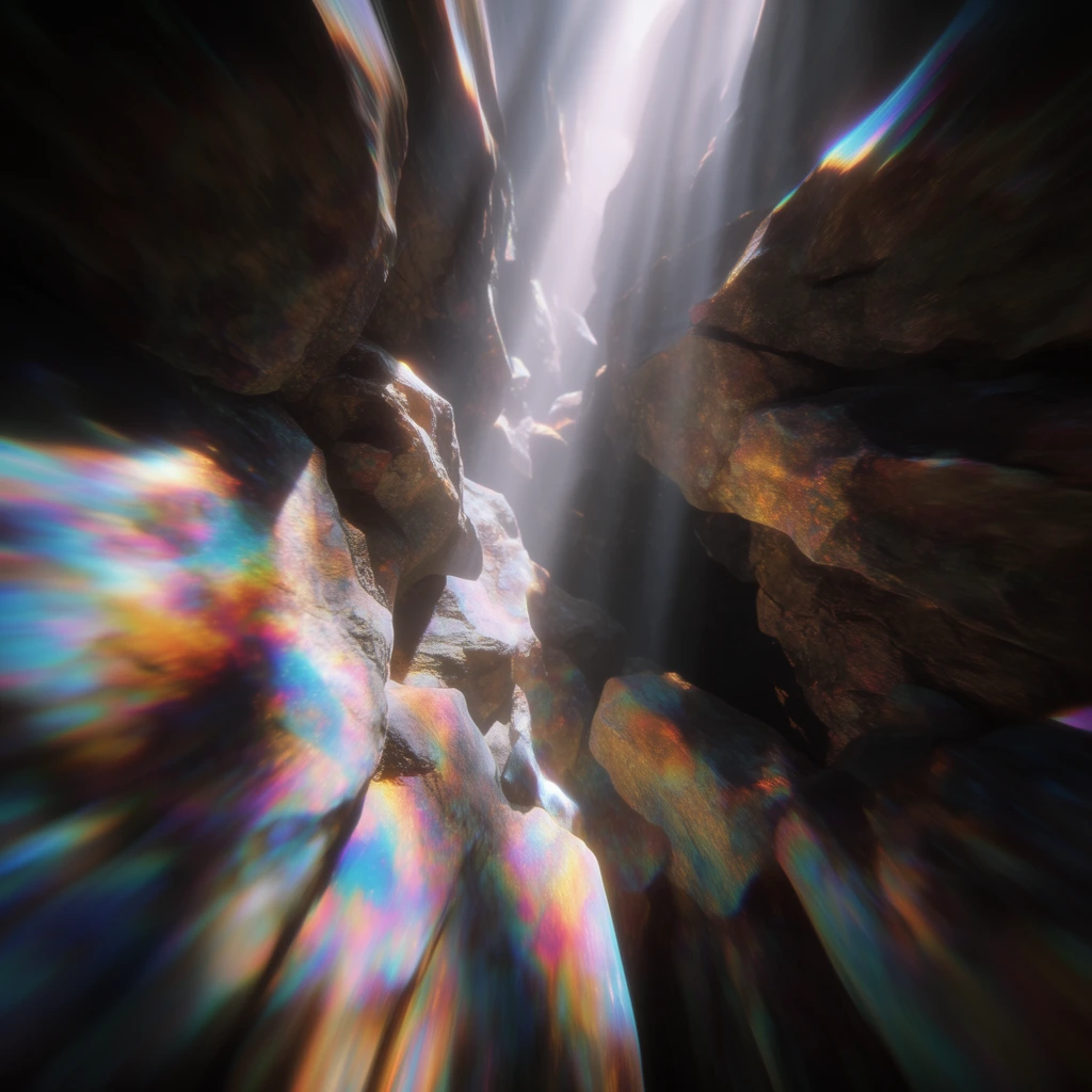 A low-angle perspective looking up through a narrow rocky canyon illuminated by descending shafts of volumetric light. The jagged stone walls exhibit intense iridescent chromatic aberration, washing the rough textures in vivid prismatic streaks of cyan, magenta, and gold. Heavy radial motion blur emanates from the bright center gap, distorting the peripheral rocks into dynamic outward streaks. Hazy white light at the apex casts sharp god rays piercing the deep chasm shadows, creating a surreal digital aesthetic defined by dreamlike optical distortions.