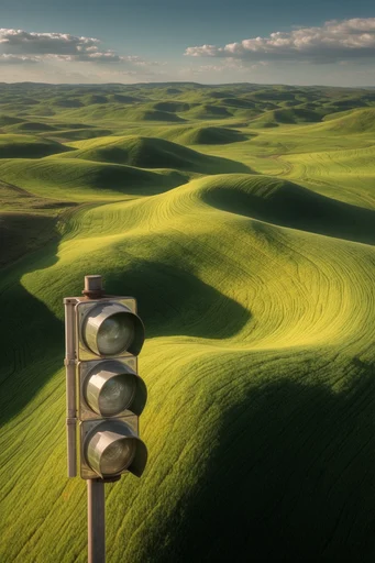 Sculptural Verdant Landscapes style reference image — golden hour lighting