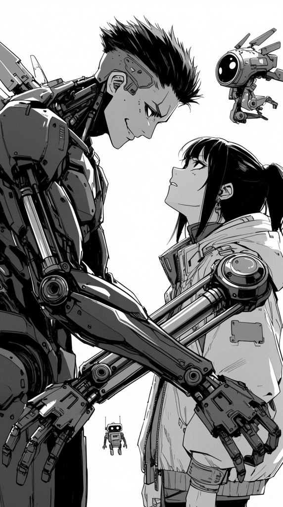 monochrome manga art, towering cyborg with crossed hydraulic arms smirking at a defiant cyberpunk girl in an oversized jacket, metallic shoulder drone, tiny background droid, intense face-off, crisp ink shading