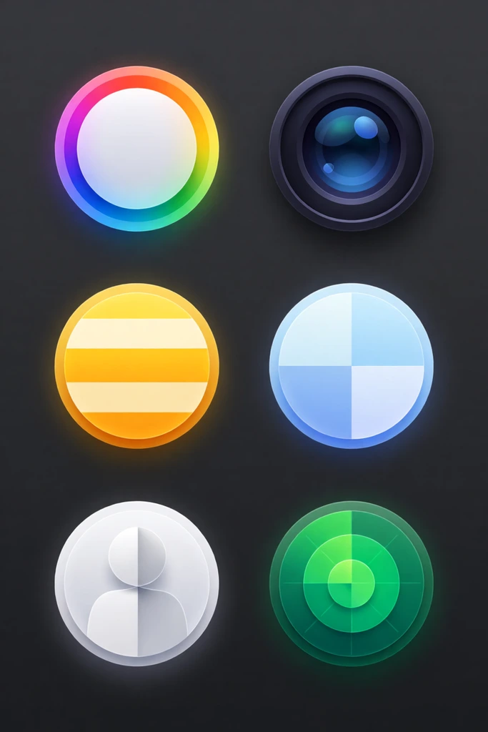 Six glossy, three-dimensional circular icons in a two-by-three grid on a dark gray background. The top row features a white circle with a rainbow gradient ring, a dark camera lens motif with blue reflections, and a pale blue and white geometric circle divided into four quadrants. The bottom row contains an icon with horizontal yellow and off-white stripes, a white circle with a folded-paper human silhouette, and a green radar design with concentric rings. All icons have skeuomorphic lighting, subtle drop shadows, and sleek borders.