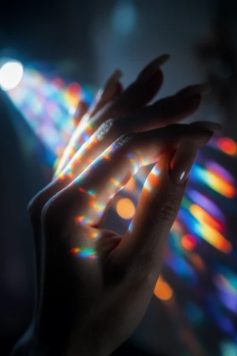 Prismatic Ethereal Glamour style reference image — hyper-glossy skin texture