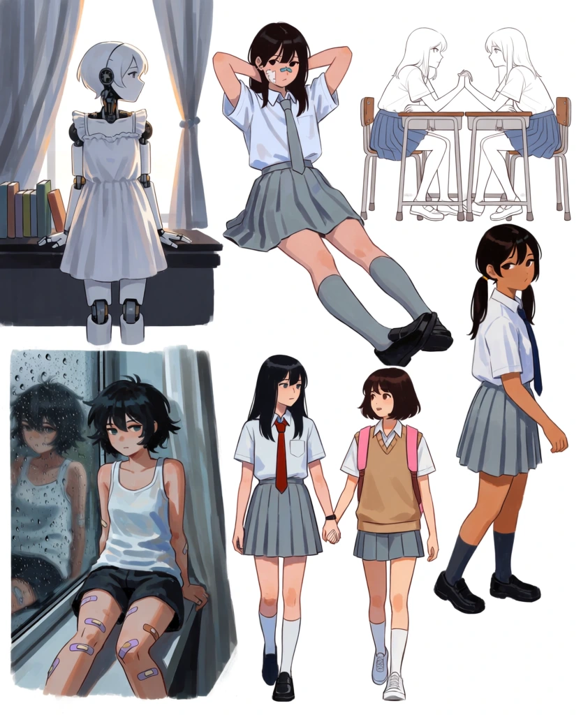 A collection of anime-style character illustrations features school-aged girls in various uniforms and casual wear, depicted in several distinct scenes and poses against a white background. In the top left panel, a pale android girl with visible mechanical neck joints and articulated limbs wears a white ruffled dress while standing by a window with sheer grey curtains, looking out toward a bright light source. A row of books stands on a dark surface beside her. Moving to the top middle, a girl with dark hair sits with her legs extended, wearing a white short-sleeved shirt, a grey tie, a pleated grey skirt, and grey knee-high socks; she has bandages on her nose and cheek and holds her hands behind her head. To the top right, a colorless line drawing portrays two girls seated at school desks, leaning in to hold hands. In the bottom left panel, a girl with short, messy black hair sits by a rain-streaked window in a white tank top and dark shorts, her legs marked with adhesive bandages and her reflection visible in the glass. Centered at the bottom, two girls walk together holding hands; one has long black hair and a red tie, while the other has short brown hair, a tan sweater vest, and a pink backpack. On the far right, a girl with tanned skin and dark hair in pigtails walks away while looking back over her shoulder, wearing a white school shirt, dark blue tie, and grey pleated skirt. The artwork utilizes digital painting techniques with clean lines, soft shading, and a color palette that emphasizes cool blues and greys alongside warm skin tones and natural highlights.