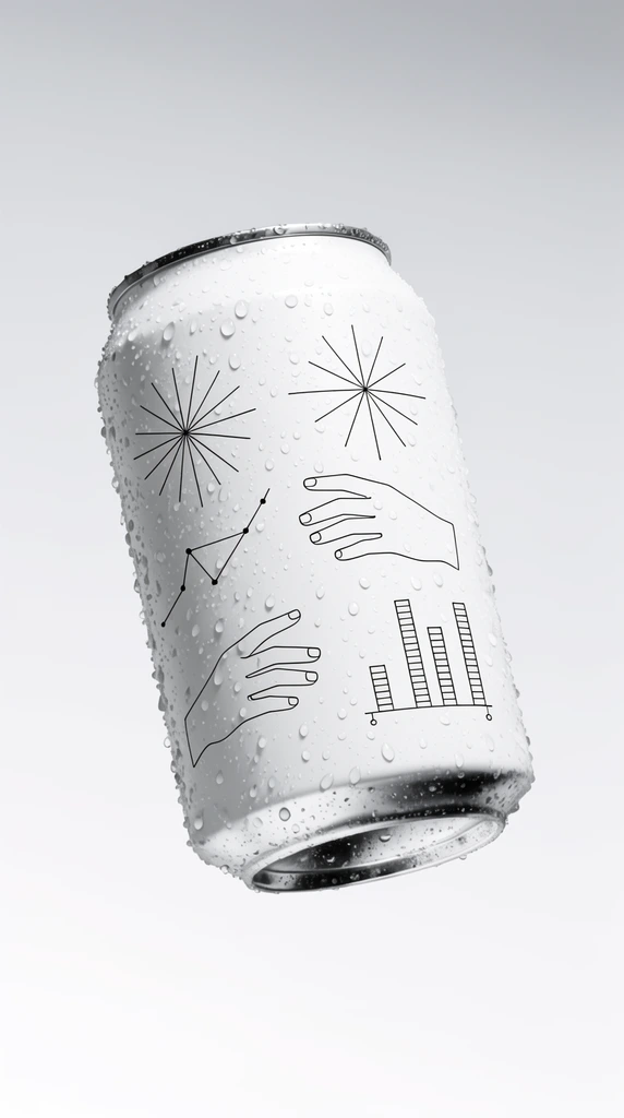 A floating white aluminum beverage can covered in condensation tilts against a seamless pale gray gradient background. The minimalist container features black wireframe illustrations of hands, geometric starbursts, and abstract tabular data charts. Rendered in a photorealistic studio product photography style, crisp lighting highlights the realistic water droplets clinging to the cold metallic surface.
