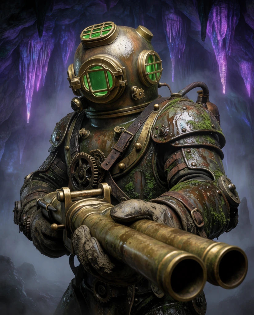 A heavily armored figure aims a massive double-barreled harpoon launcher directly toward the viewer inside a foggy, bioluminescent cavern. The character wears an asymmetrical brass diving helmet with glowing green portholes. Their rusted, moss-covered steampunk exoskeleton is detailed with exposed gears, heavy rivets, and leather straps. Mud-stained gauntlets grip the weapon's tarnished brass barrels, extending dramatically into the deep foreground with extreme foreshortening. The background features thick mist and jagged, glowing purple stalactites hanging from a dark stone ceiling, casting moody reflections across the figure's wet metallic suit.