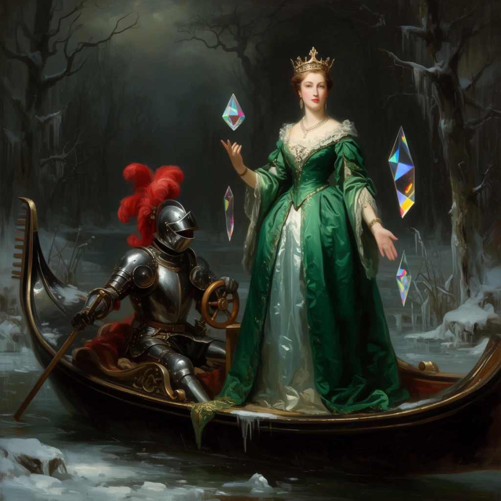 Armored knight steering a gondola through a frozen swamp, standing queen in emerald silks, floating prisms, gloomy classical oil painting, dramatic chiaroscuro