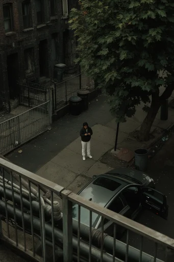 Cinematic Surveillance Noir style reference image — high-angle surveillance perspective
