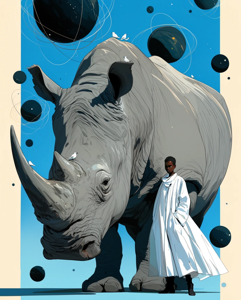 A stylized, gargantuan grey rhinoceros towers over a small human figure amidst floating cosmic spheres. The rhino features flowing linework, sharp cel-shaded highlights, and tiny white birds perched on its back and horn. Standing beside the beast is a dark-skinned person in a flowing white coat and dark boots, emphasizing the animal's immense scale. Dark, planet-like orbs encircled by delicate intersecting orbital rings float throughout the surreal scene. The background consists of a vibrant light-blue central vertical panel framed by a pale cream border. The artwork is rendered in a crisp digital illustration style with flat colors, precise inking, and striking graphic shadows.