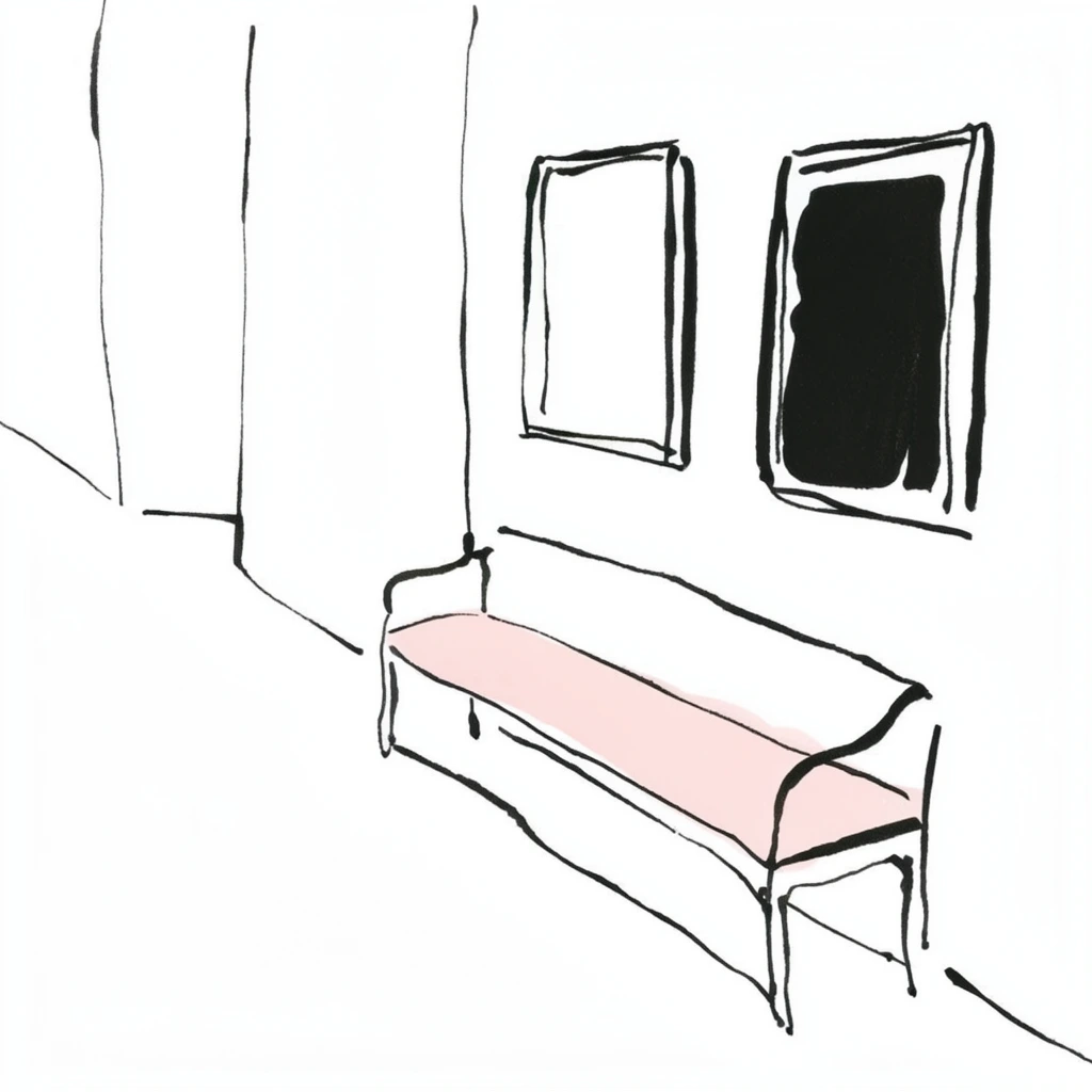 A minimalist line drawing of a hallway featuring a bench and two paintings, rendered in loose, variable-weight black ink strokes on a stark white background. The simple bench rests on the floor, constructed from organic, hand-drawn black outlines with its flat seat highlighted by a solid, pale pastel pink fill. On the adjacent wall, two rectangular paintings are defined by slightly wobbly black frames; one canvas contains a solid, flat black shape. The corridor's boundaries are established by sparse, converging black lines that create a naive, slightly flattened perspective. The highly reductive composition incorporates extensive white negative space, relying entirely on stark contrast, flat fields of color, and an expressive, sketchy aesthetic.