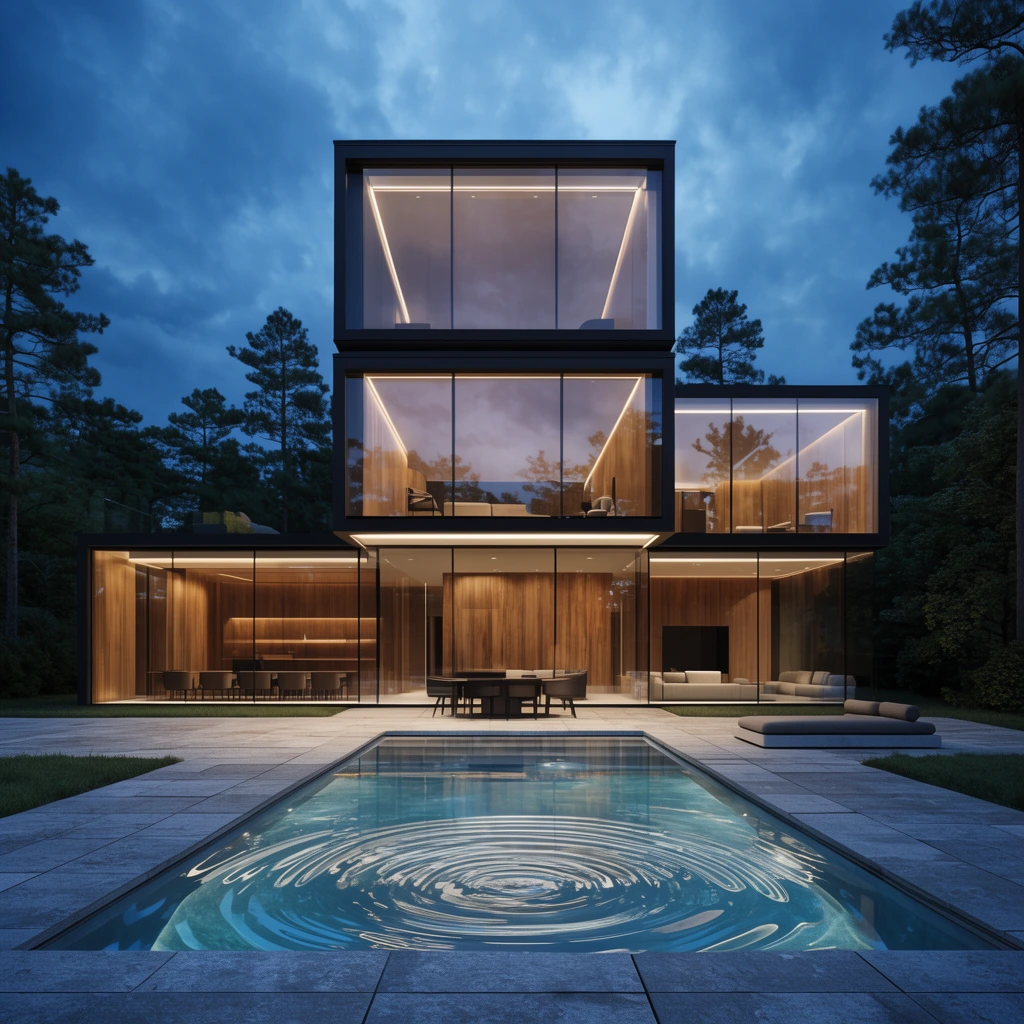 A photorealistic twilight render of a modern luxury home with stacked rectangular glass volumes and illuminated black frames. Warm wood-paneled interiors glow through floor-to-ceiling windows. A rectangular swimming pool with concentric ripples sits on a gray stone patio, surrounded by dark pine trees under a deep blue cloudy sky.