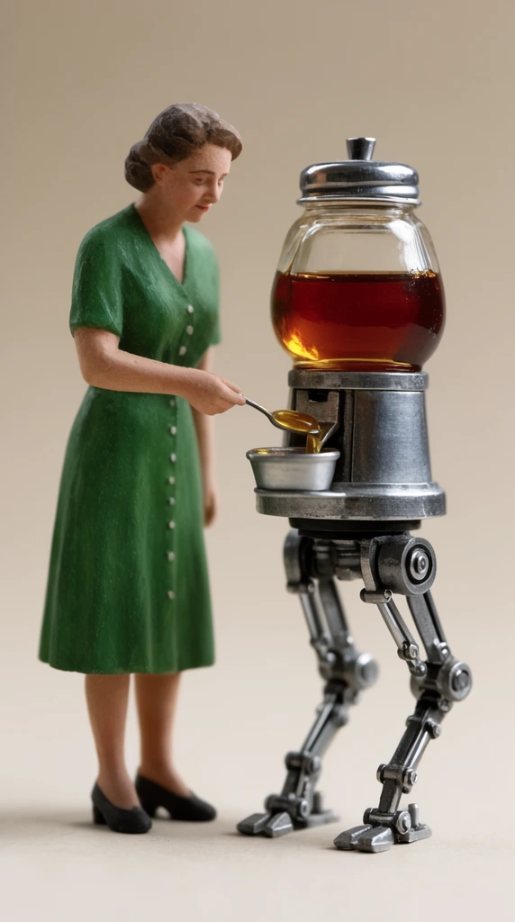 miniature diorama, woman in green dress holding tiny spoon, scooping liquid from a glass syrup dispenser robot with mechanical legs, macro photography, plain beige background