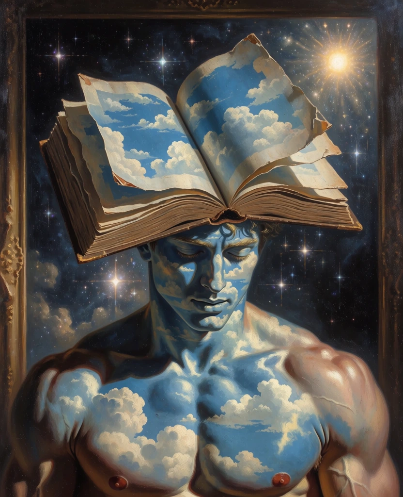surrealist digital painting, muscular male figure with an open vintage book emerging from his head, skin and book pages textured with a blue sky and white cloud motif, dramatic chiaroscuro lighting, background consists of a dark rectangular frame filled with shimmering stars and a glowing sun, grainy analog texture, fine art aesthetic, hand-painted details, dark moody atmosphere, minimalist composition, deep blue and black palette, 35mm film grain, conceptual dreamlike imagery.