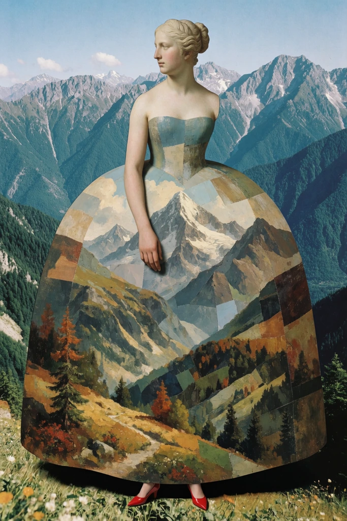 Surreal collage, classical female bust, giant bell-shaped gown of patchwork mountain landscape paintings, single exposed arm, tiny red heels, photographic mountain backdrop