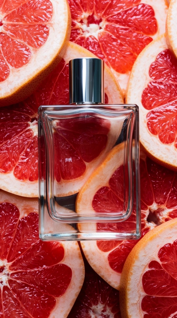 A rectangular glass perfume bottle with a polished silver cap rests on a dense bed of overlapping pink grapefruit slices. The clear vessel refracts the bold ruby-red and orange hues of the underlying fruit. Top-down macro photography highlights the glistening, juicy texture of the citrus segments and their thick white pith. Bright overhead lighting creates crisp reflections on the geometric bottle, contrasting sharply with the vibrant, organic arrangement of freshly cut citrus.