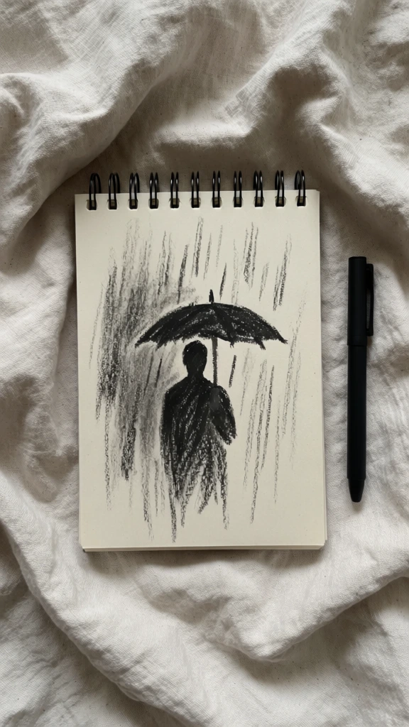 A top-down, overhead shot features a spiral-bound sketchbook resting on a rumpled, light-beige fabric, containing a minimalist charcoal drawing of a silhouetted figure standing in the rain. The drawing, executed in black charcoal or dark graphite on cream-colored paper, depicts the dark silhouette of a person from the shoulders up, holding an open black umbrella. Vertical, textured strokes of varying density surround the figure to represent falling rain, with a concentration of darker, blended strokes behind the silhouette that fade into lighter lines at the bottom. The sketchbook is oriented vertically with a black wire spiral binding at the top edge. To the right of the notebook lies a matte black pen, positioned parallel to the book's edge. The surrounding fabric is a heavy, woven material with deep folds and ripples that create soft shadows. The lighting is soft and diffused, coming from the upper left, casting gentle shadows within the fabric's texture and across the sketchbook. The overall color palette is monochromatic and neutral, consisting of off-white, beige, gray, and deep black, emphasizing the stark contrast and textural details of the sketch and the background textile.