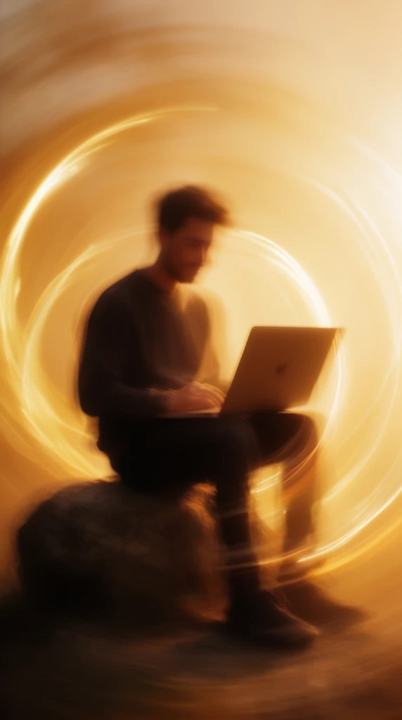 A man seated on a rock using an open laptop, captured with heavy radial motion blur and intentional camera movement that completely abstracts the scene into sweeping, kinetic curves. The man, the rock, and the laptop form a dark, soft-focused central silhouette, heavily contrasted against a brilliant, luminous amber and golden backlight. Bright yellow and warm orange circular light trails wrap dynamically around the central figure, creating a radiant, ethereal halo effect. The composition is defined by a warm monochromatic color palette of glowing golds and deep shadowy browns, with the intensely illuminated background dissolving into smooth, continuous streaks of light that blend into the undefined edges of the dark central subjects.