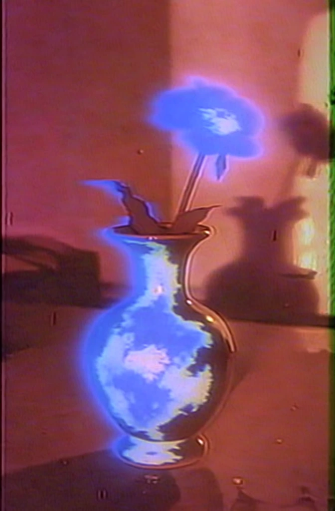 lo-fi analog vhs aesthetic, ceramic vase with a bulbous base holding a single flower, the object radiating an ethereal neon blue and white glowing plasma aura, high contrast grainy texture, low-resolution vintage video quality, chromatic aberration, scanlines, set in a warm dim room with reddish and pinkish ambient lighting, soft bloom effects, eerie dreamcore atmosphere, nostalgic uncanny surrealism, digital noise, minimalist composition, experimental film look, glowing silhouettes.