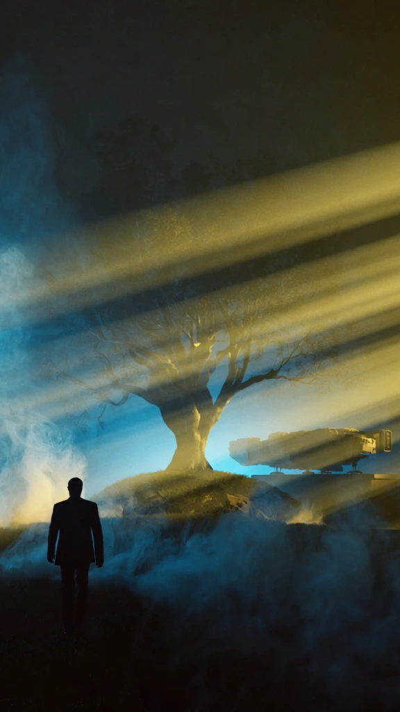 cinematic sci-fi landscape, dramatic chiaroscuro lighting, banded golden light shafts clashing with cool cyan shadows, heavy atmospheric haze and swirling smoke catching sharp volumetric rays, grainy analog film aesthetic, high contrast noir style, man in silhouette walking away in the lower left foreground toward a massive gnarled tree in the center, large industrial spacecraft on a platform to the right, giant planet looming through thick clouds on the left, moody and ethereal composition