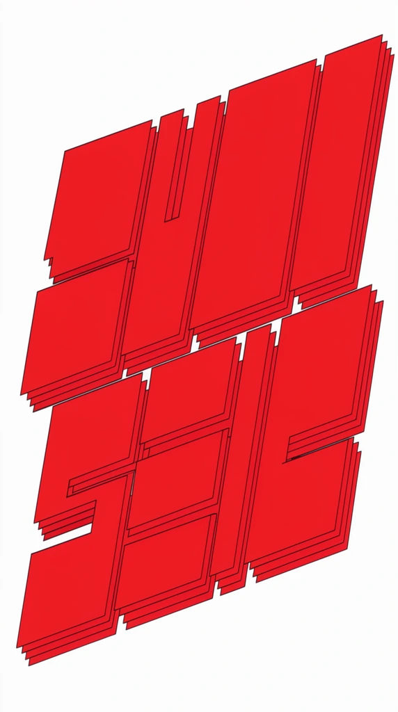 abstract arrangement of bold red blocky shapes, simulated 3D extrusion, thin black contour lines, staggered dynamic upward tilt, offset linear drop shadows, stark white background, clean vector illustration aesthetic, high contrast graphic design, crisp edges