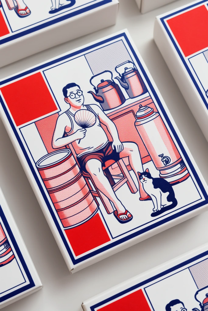 Several rectangular white boxes rest on a smooth surface, viewed from an angled overhead perspective. The central box features a retro line-art illustration rendered in navy blue and vivid red with prominent halftone dot shading. It depicts a seated man wearing round glasses, a sleeveless undershirt, and shorts, casually holding a hand fan. He is surrounded by a tiered cylindrical container, a tall water urn, and a counter holding two large kettles. A black and white cat sits near his feet. The artwork is framed by bold blue borders and solid red accent boxes. Edges of adjacent boxes bearing similar blue and red graphic motifs surround the main subject, establishing a tiled, vintage packaging design aesthetic under crisp studio lighting.