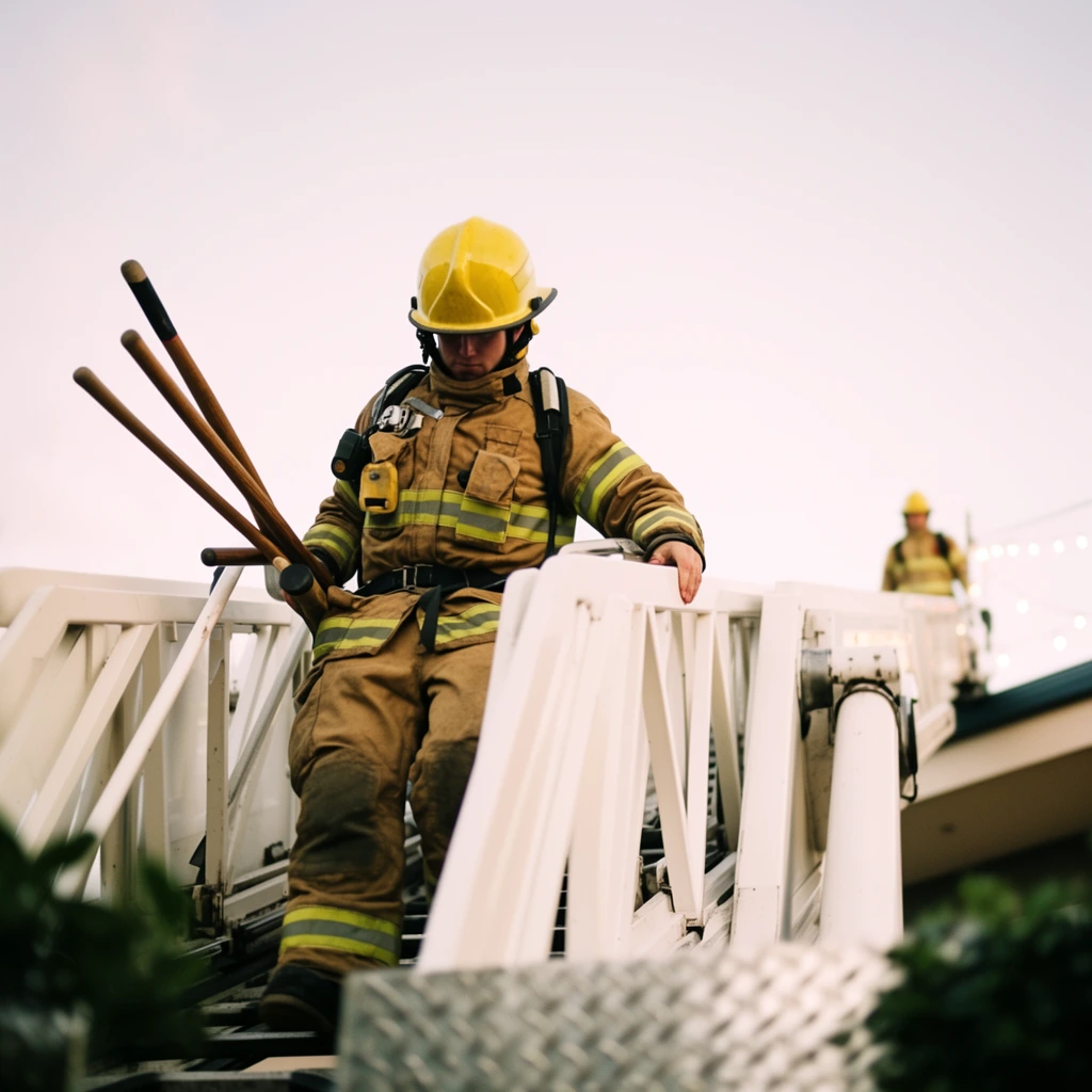 A firefighter in tan turnout gear with reflective striping and a yellow helmet descends a white aerial ladder. The figure tightly grips the handrail with the left hand while clutching several long wooden-handled tools under the right arm. Photographed from a low-angle perspective with a shallow depth of field, the main subject is sharply focused against a soft, washed-out pale sky. In the blurred background, a second firefighter stands near the top of the ladder alongside faint string lights and a building edge. The extreme foreground features out-of-focus diamond-plate metal and dark green foliage, framing the softly lit, cinematic composition.