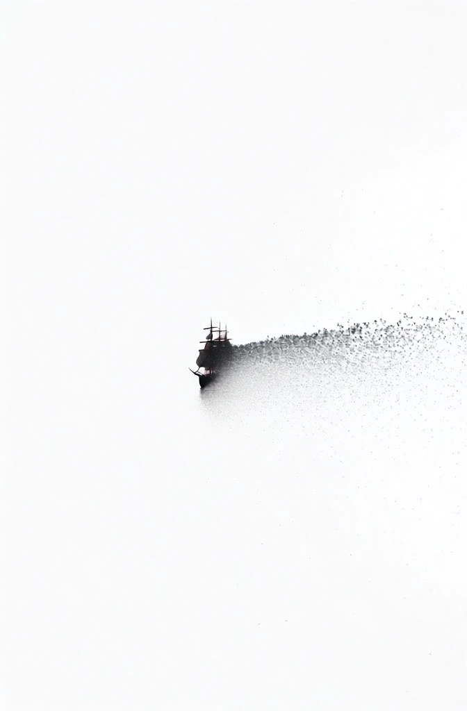 minimalist high-key surrealism, vast white negative space, monochromatic black and white aesthetic, central composition featuring a sharp black silhouette of a sailing ship navigating a river through a valley, the ship's form disintegrates into a horizontal trail of granular black particles stretching across the frame, fine stippled texture, high contrast, cinematic atmosphere, ethereal and lonely mood, digital pixelated dissolution, stark landscape, minimalist vector-like precision