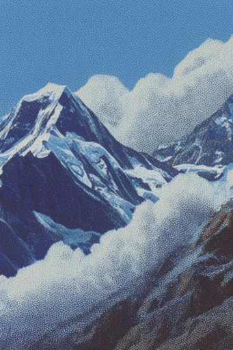 Dithered Noir Alpine style reference image — coarse halftone pattern