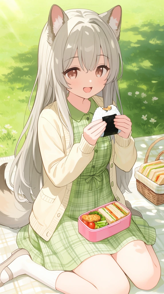 anime illustration of a smiling girl with animal ears and long ash hair eating a rice ball, sitting on a picnic blanket in a sunlit grassy park, wearing a green plaid dress and cream cardigan, pink bento box on her lap, sandwich basket nearby, dappled sunlight, soft pastel palette