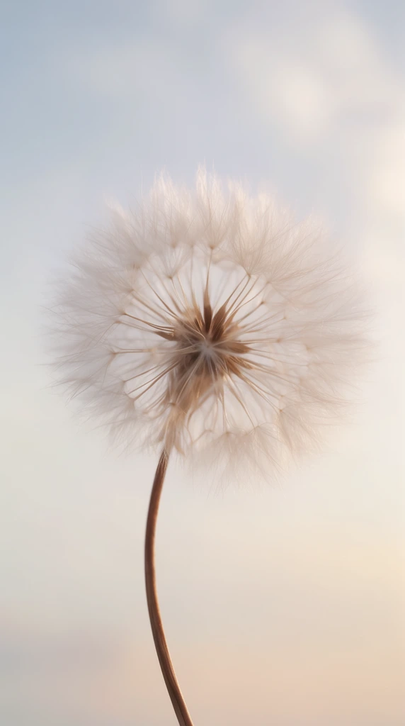 macro shot of a solitary dandelion seed head, delicate white and pale brown fluffy pappus radiating from a central node, slender curving brown stem, soft pastel pale blue and cream gradient background, ethereal hazy sky, minimalist composition, serene atmospheric lighting, shallow depth of field