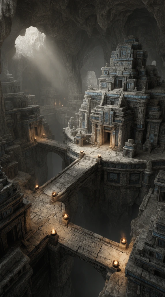 A colossal subterranean stone city carved into a deep cavern features intricate ancient temple architecture. Intersecting bridges span dark chasms, connecting terraced structures detailed with weathered blue accents. Warm fire braziers illuminate stone walkways beneath dusty shafts of light. This high-fantasy cinematic rendering uses a high-angle perspective and a muted gray palette to highlight monumental scale.
