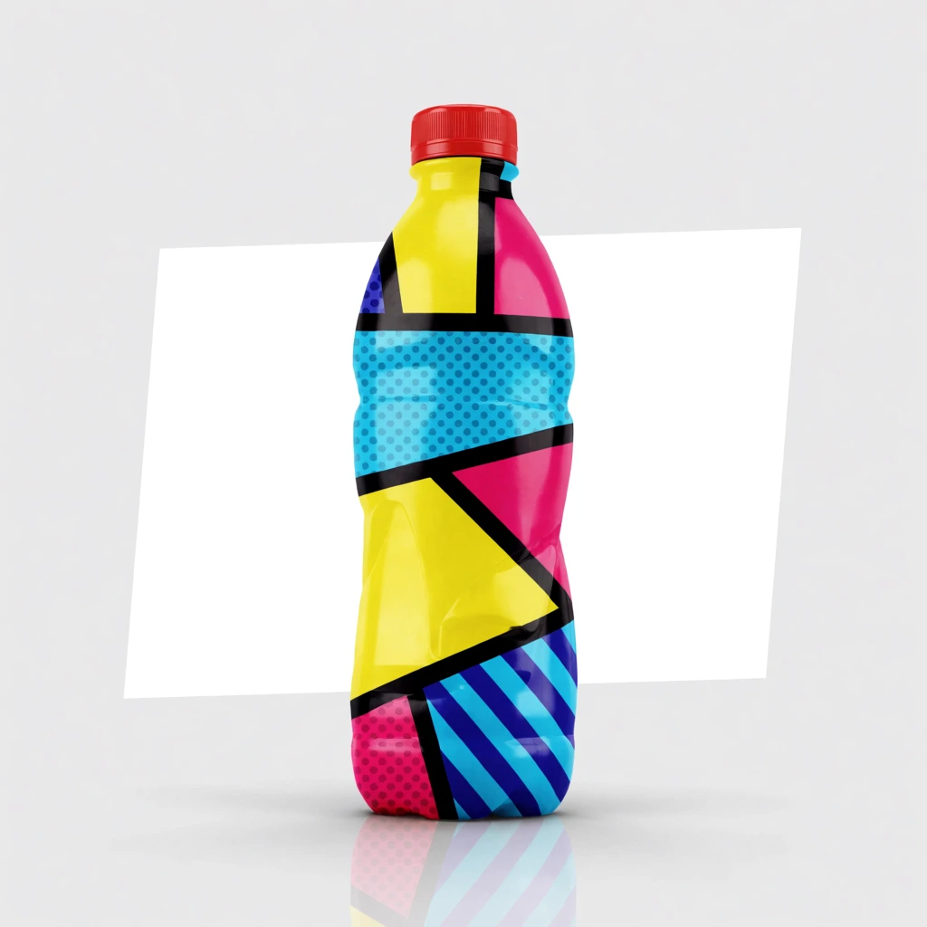 A bottle with a red cap stands on a light grey background, wrapped in a vibrant pop-art pattern. Thick black outlines segment bright yellow, cyan, pink, and dark blue geometric shapes, dotted halftones, and stripes. A blank white angled rectangle sits at the center beneath soft studio lighting with a subtle floor reflection.