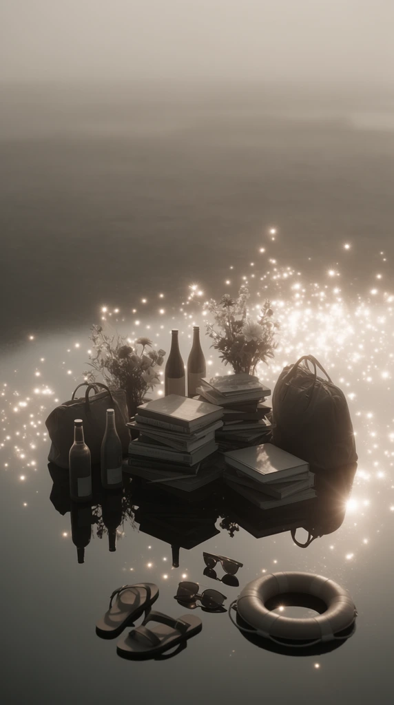 A scattered pile of multiple books, four bottles, two bags, and flowers resting centrally on a dark, perfectly reflective mirror-like surface in a purely monochromatic, sepia-toned dreamscape. Below this main arrangement at the bottom of the composition sit sandals, sunglasses, and a life ring. A dense trail of brilliantly glowing, star-like specular sparks floats around and behind the objects, illuminating the hazy, soft-focus background expanse. Soft cinematic backlighting casts delicate, glowing rim-light along the edges of the books, bottles, bags, and botanical elements, while casting deep, razor-sharp mirrored silhouettes directly beneath them in the glossy floor. The entire scene is rendered in muted warm grays, rich browns, and creamy luminous highlights, wrapped in a thick atmospheric fog that dissolves the distant horizon into a minimalist, ethereal gradient.