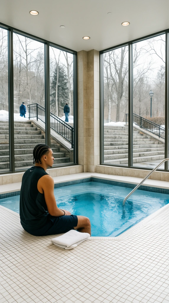 A young man with braided hair sits on the tiled edge of an indoor hot tub, looking out a large window. He wears a dark sleeveless athletic shirt and shorts, with a white towel beside him. The modern room features white square floor tiles, beige wall tiles, and a square tub of blue water. Floor-to-ceiling windows reveal an outdoor stone staircase, black metal railings, winter trees, snow patches, and two distant pedestrians. The wide-angle shot blends natural daylight with recessed ceiling lights.