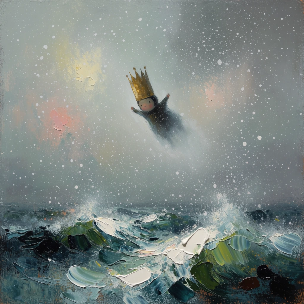 A small crowned figure plummets through a moody, speckled sky towards a turbulent impasto-painted ocean. The tiny subject wears a tall golden crown over a dark face with round eyes and small outstretched limbs, trailing a faint white mist as it falls diagonally downwards. Below, the rough sea is rendered with thick, expressive brushstrokes of dark teal, emerald green, and bright white, creating dynamic, choppy waves. The atmospheric sky is a hazy, textured grey filled with a heavy dusting of white splatters creating a snowstorm effect. Soft, diffuse patches of pale yellow and muted pink light glow faintly in the upper left background, adding an ethereal, surreal quality to the heavily textured, atmospheric oil painting composition.