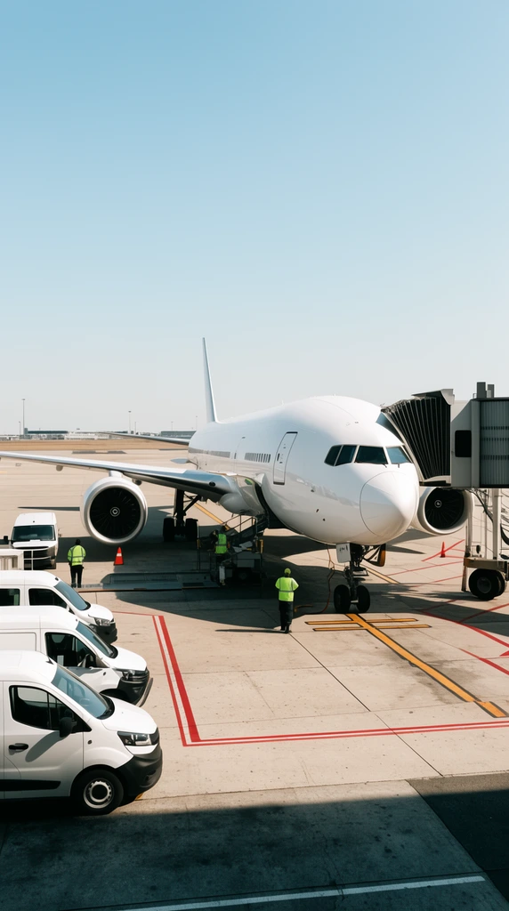 Large white commercial airplane at airport gate attached to jet bridge, concrete tarmac with red lines, ground crew in neon green vest, white utility vans, clear pale blue sky, bright sunny day, sharp wide-angle daytime photography